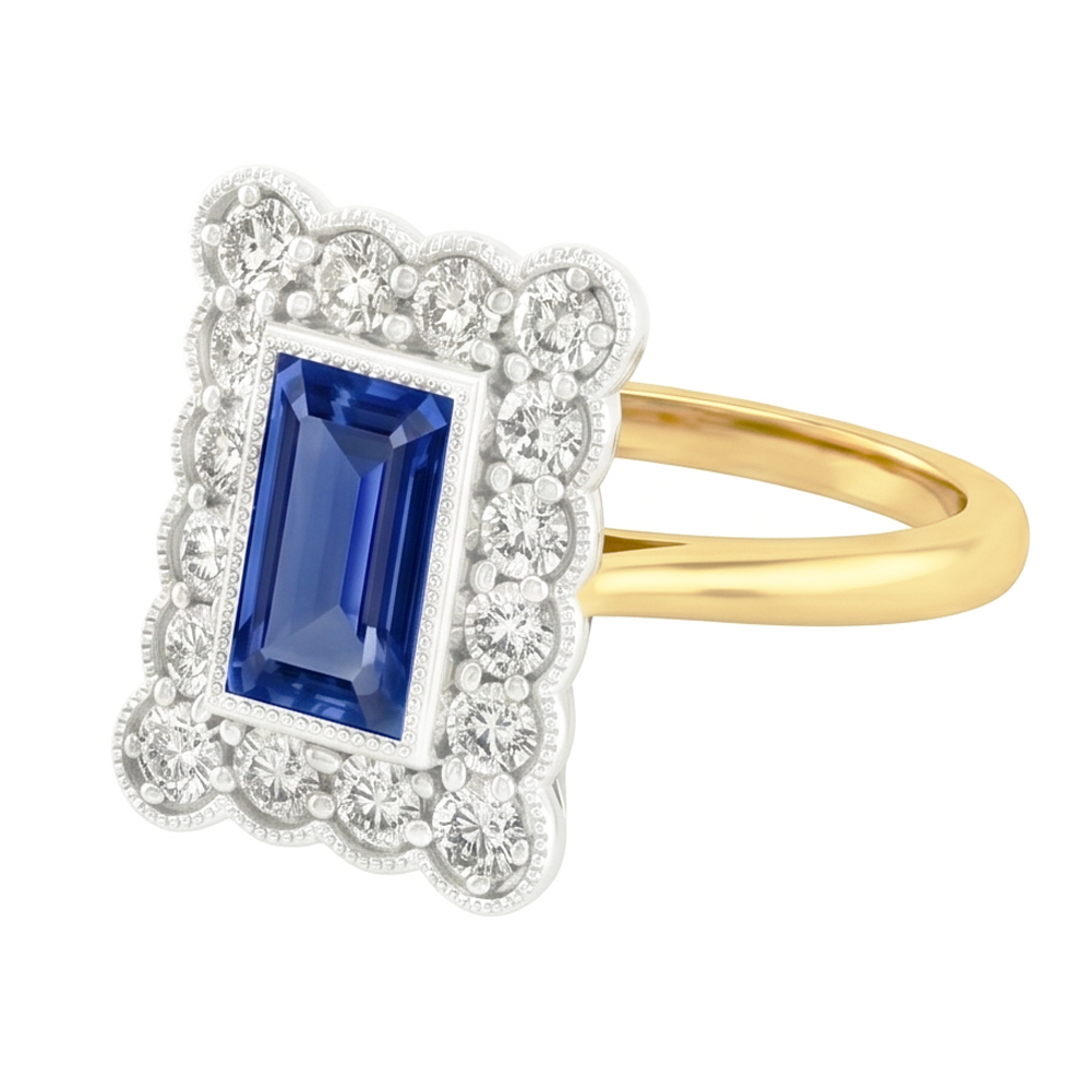 Anello con zaffiro blu naturale Halo a forma di fiore con diamante rotondo 3 carati