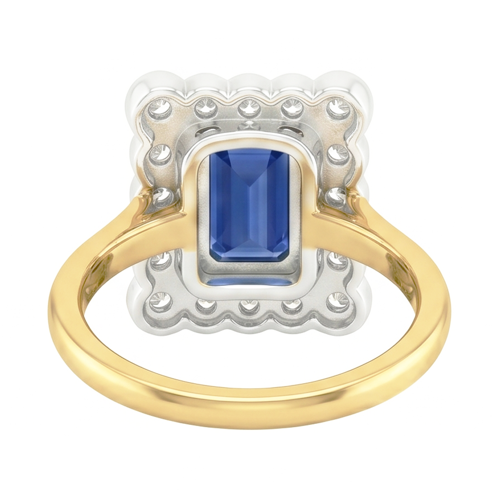 Anello con zaffiro blu naturale Halo a forma di fiore con diamante rotondo 3 carati