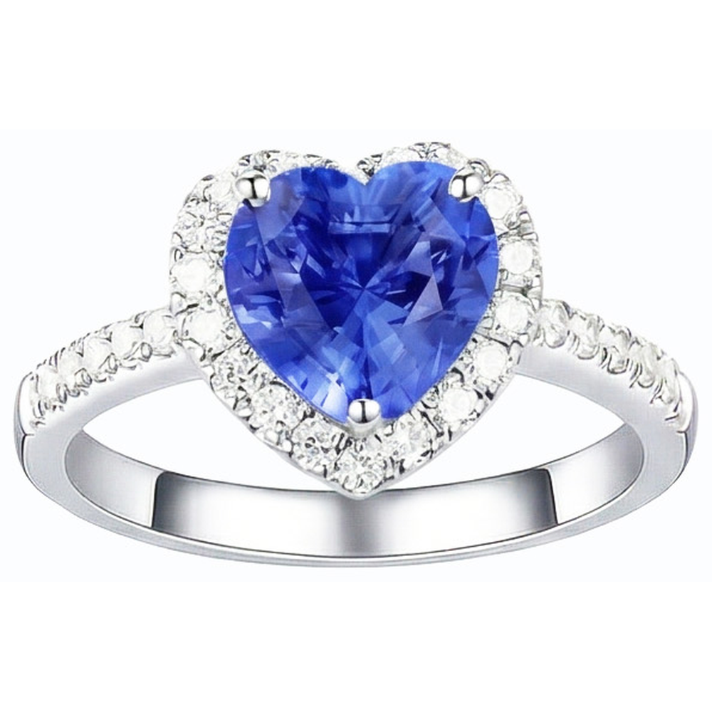 Anello con zaffiro blu naturale a forma di cuore con diamante Halo 3.50 carati