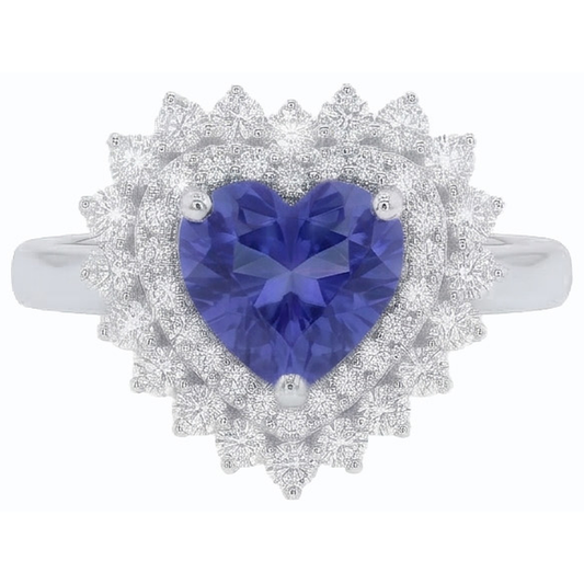 Anello con zaffiro blu naturale a forma di cuore con diamante Halo 3 carati stile stella