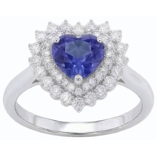 Anello con zaffiro blu naturale a forma di cuore con diamante Halo 3 carati stile stella