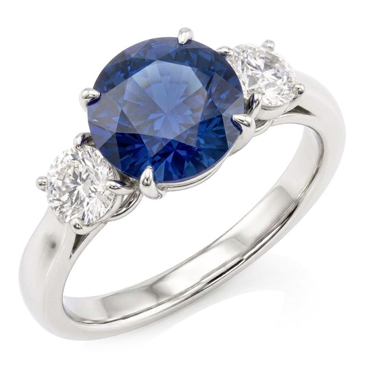 Anello con zaffiro blu naturale a tre pietre con diamante rotondo 2.25 carati