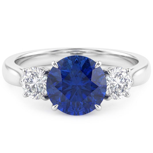 Anello con zaffiro blu naturale a tre pietre con diamante rotondo 2.25 carati