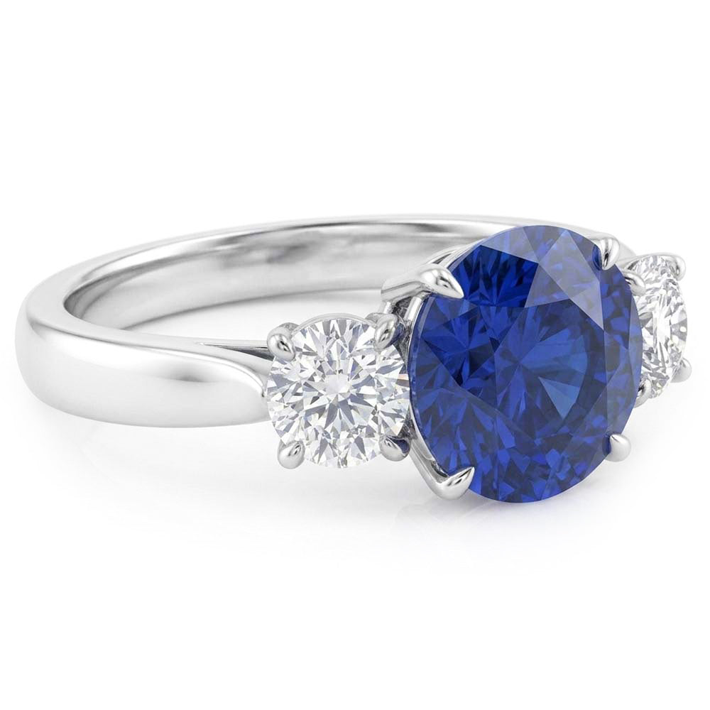 Anello con zaffiro blu naturale a tre pietre con diamante rotondo 2.25 carati