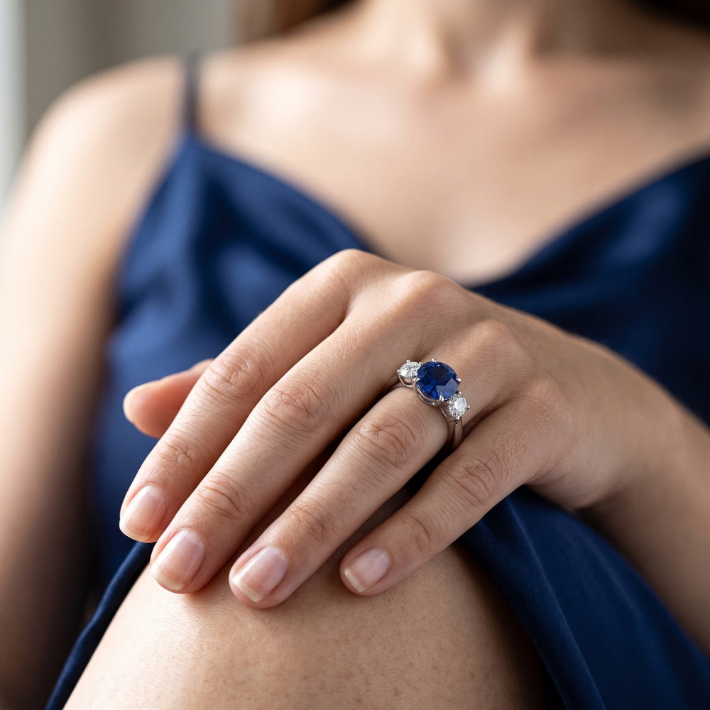 Anello con zaffiro blu naturale a tre pietre con diamante rotondo 2.25 carati
