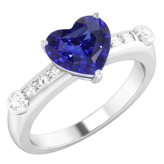 Anello con zaffiro blu naturale principessa e diamante rotondo 3.50 carati