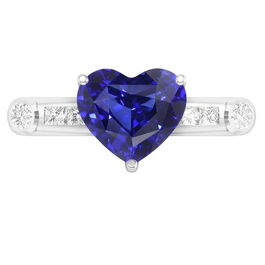 Anello con zaffiro blu naturale principessa e diamante rotondo 3.50 carati