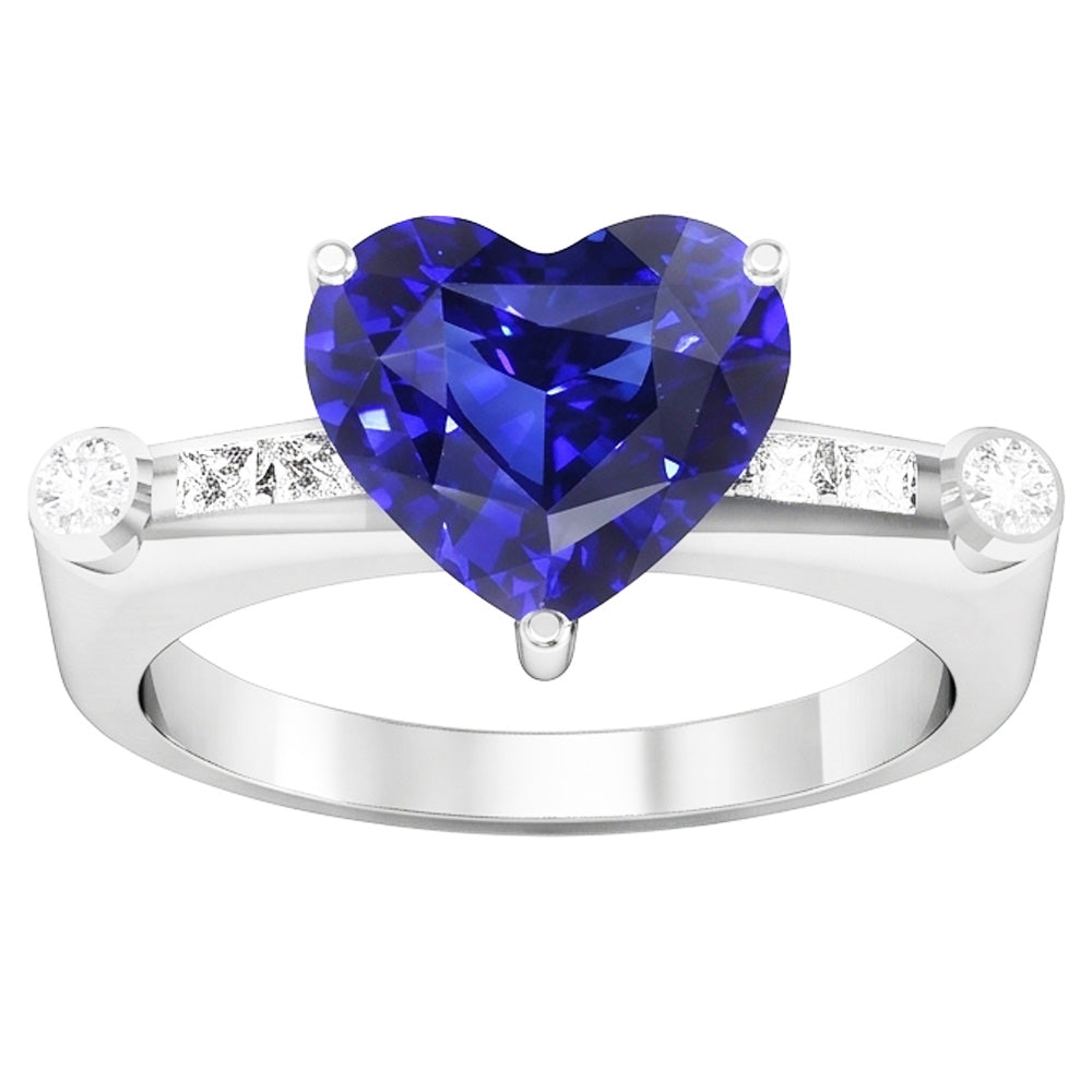 Anello con zaffiro blu naturale principessa e diamante rotondo 3.50 carati