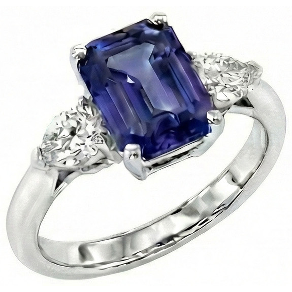 Anello con zaffiro blu pera da 3,50 carati e diamanti Tre gioielli in pietra