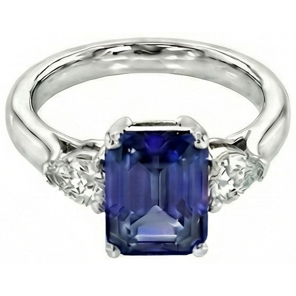 Anello con zaffiro blu pera da 3,50 carati e diamanti Tre gioielli in pietra