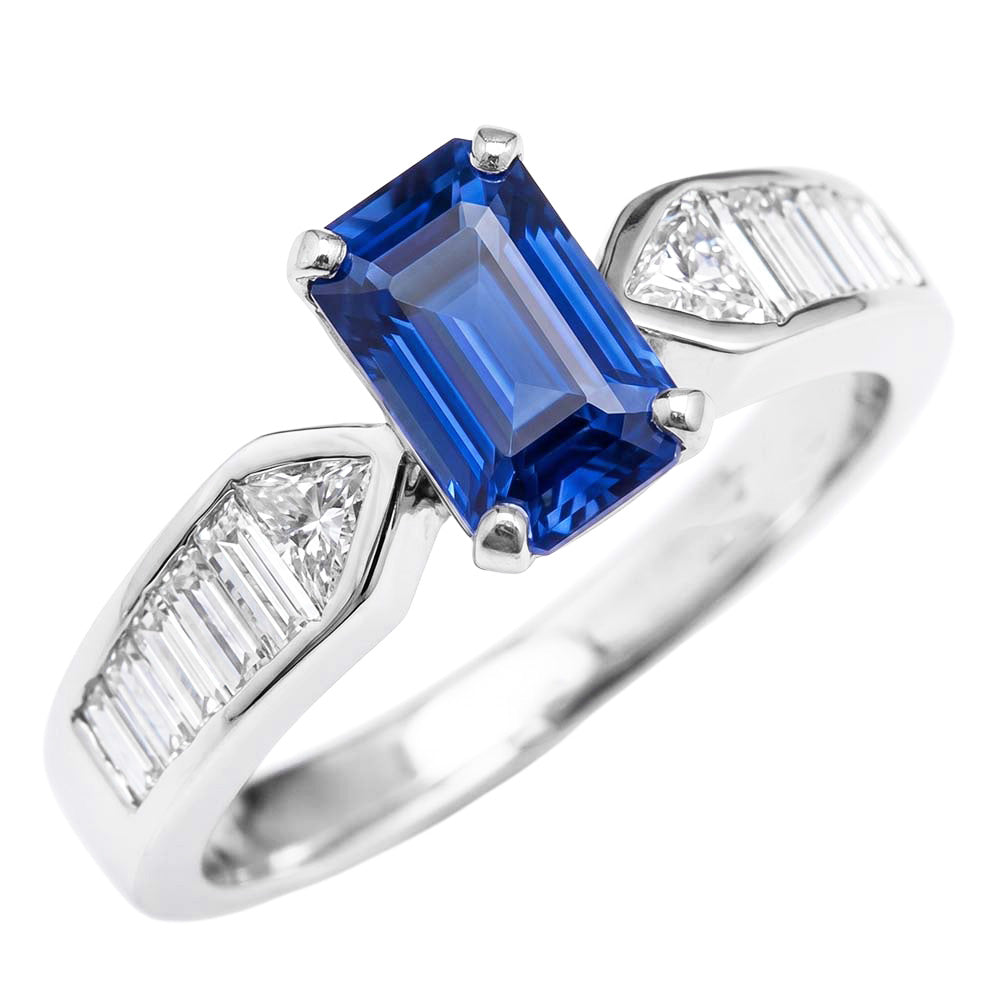 Anello con zaffiro blu pietra preziosa Trilioni e baguette accentate 3.50 carati