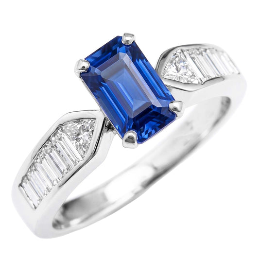 Anello con zaffiro blu pietra preziosa Trilioni e baguette accentate 3.50 carati