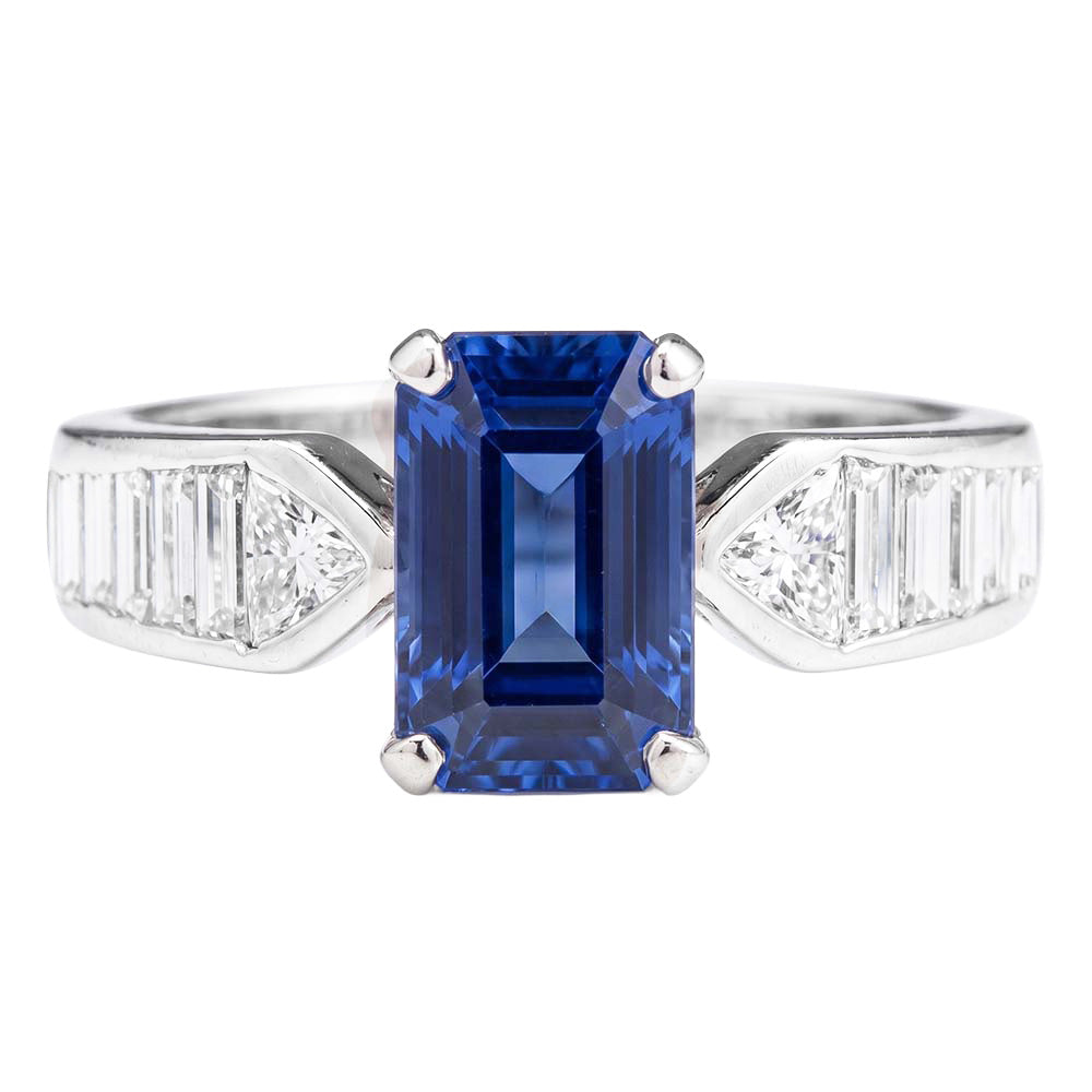 Anello con zaffiro blu pietra preziosa Trilioni e baguette accentate 3.50 carati