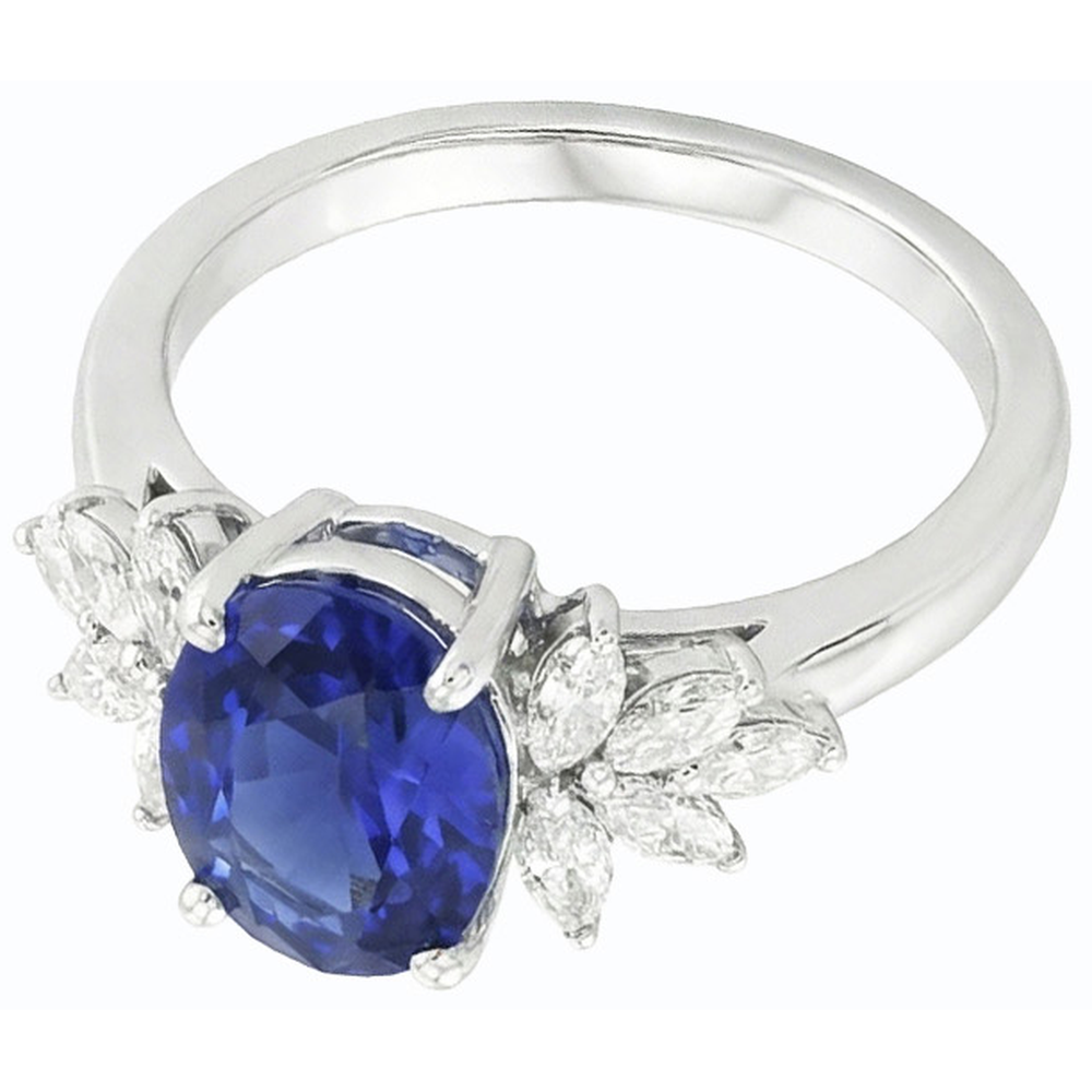 Anello con zaffiro blu pietra preziosa ovale con diamanti marquise 3.50 carati