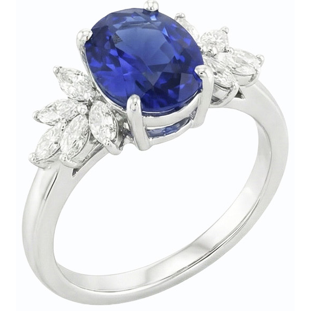 Anello con zaffiro blu pietra preziosa ovale con diamanti marquise 3.50 carati
