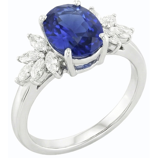 Anello con zaffiro blu pietra preziosa ovale con diamanti marquise 3.50 carati