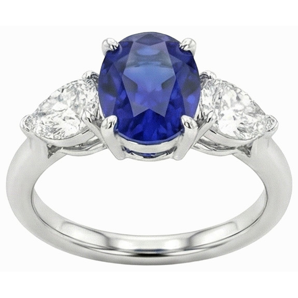 Anello con zaffiro blu profondo 3 carati e diamanti a forma di pera tre pietre ovali