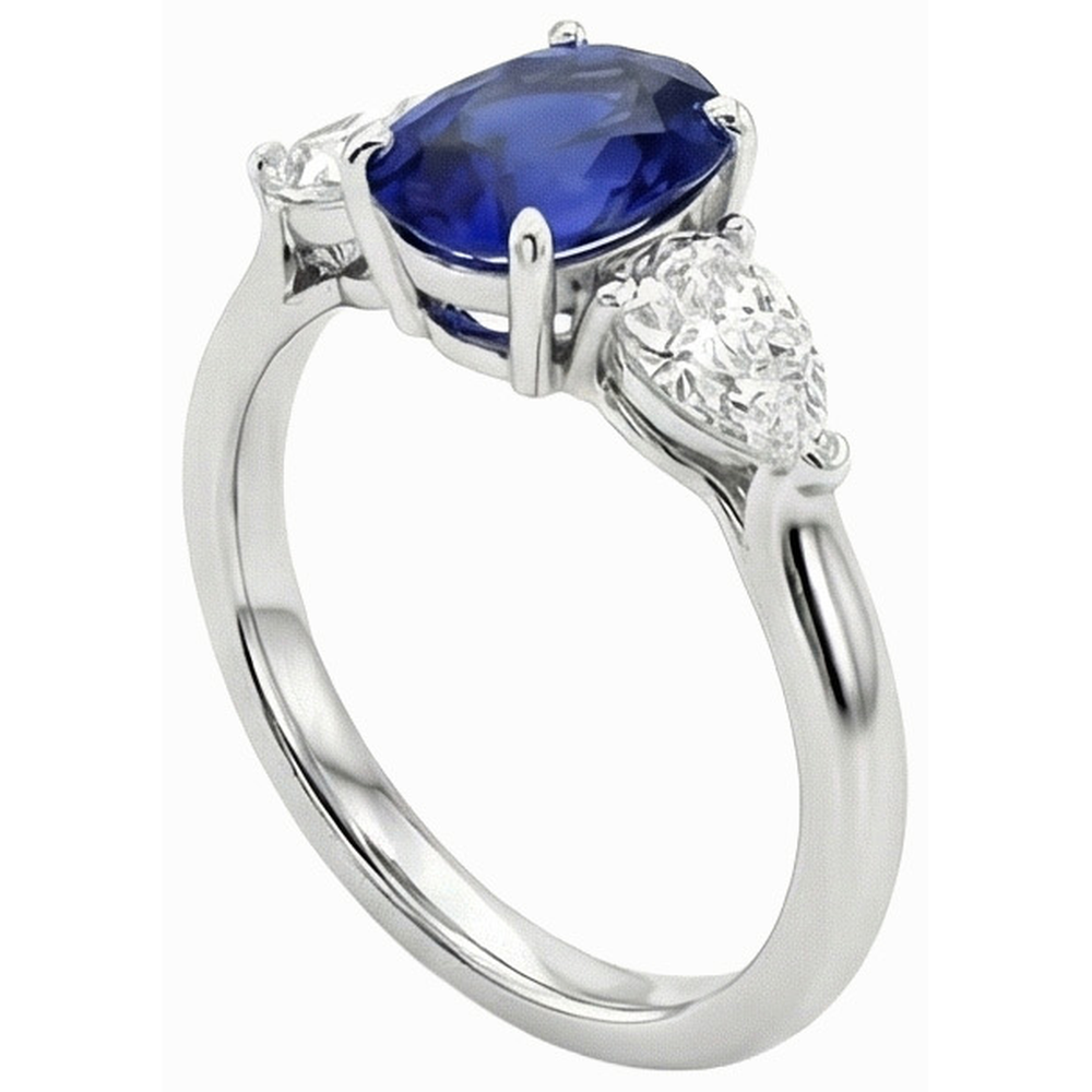 Anello con zaffiro blu profondo 3 carati e diamanti a forma di pera tre pietre ovali