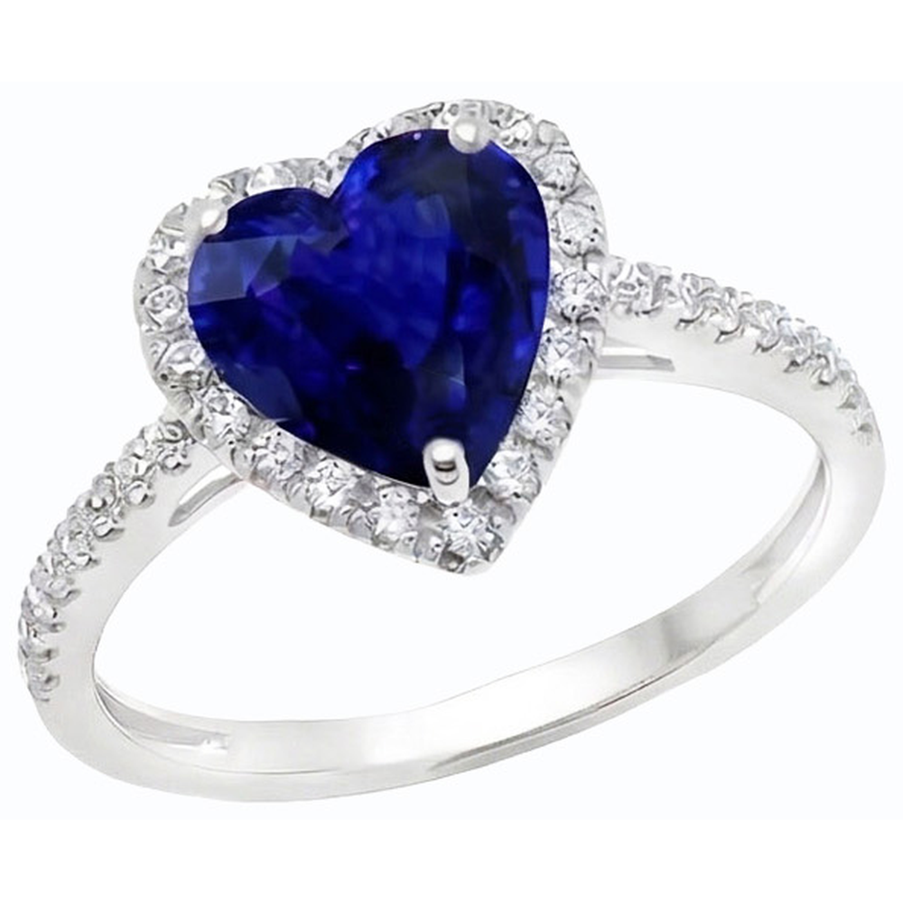 Anello con zaffiro blu profondo a cuore Halo con accenti di diamante 3.50 carati