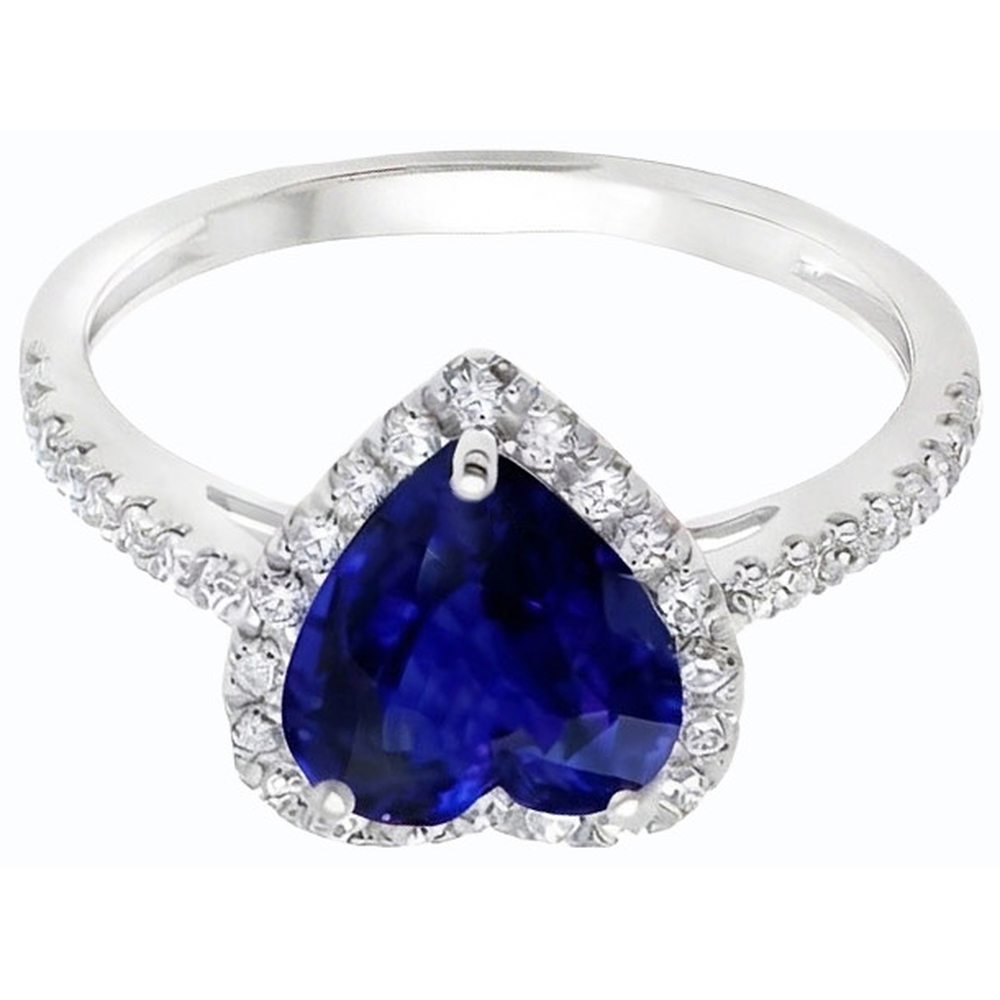 Anello con zaffiro blu profondo a cuore Halo con accenti di diamante 3.50 carati