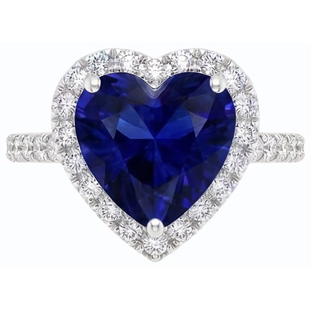 Anello con zaffiro blu profondo a cuore Halo con accenti di diamante 3.50 carati