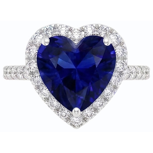 Anello con zaffiro blu profondo a cuore Halo con accenti di diamante 3.50 carati