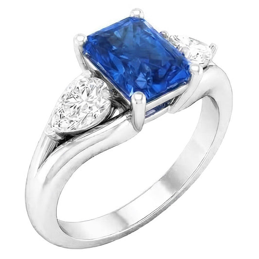 Anello con zaffiro blu radiante a pera con diamante 3 carati a V con gambo diviso 3 pietre