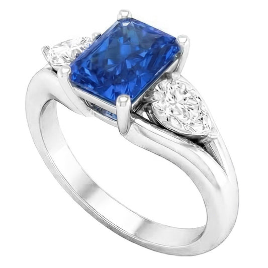 Anello con zaffiro blu radiante a pera con diamante 3 carati a V con gambo diviso 3 pietre
