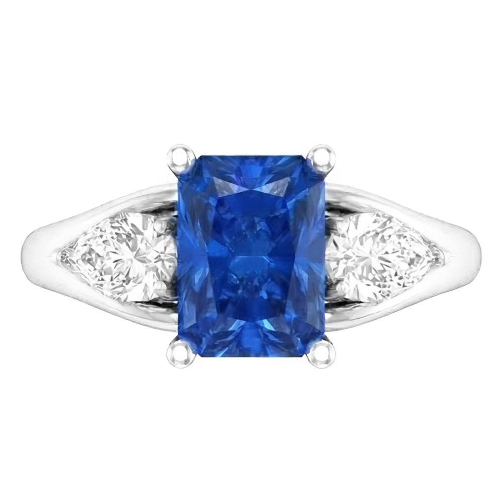 Anello con zaffiro blu radiante a pera con diamante 3 carati a V con gambo diviso 3 pietre