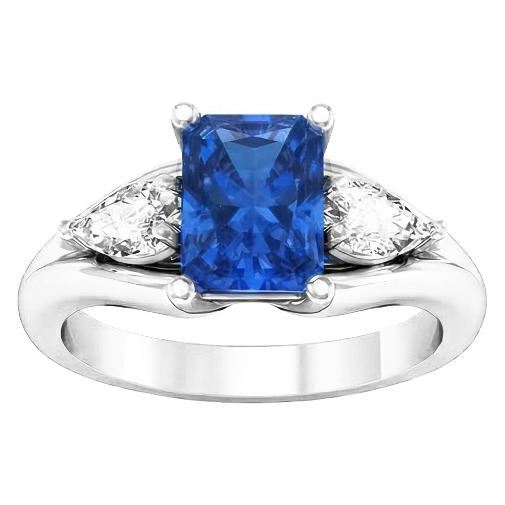 Anello con zaffiro blu radiante a pera con diamante 3 carati a V con gambo diviso 3 pietre