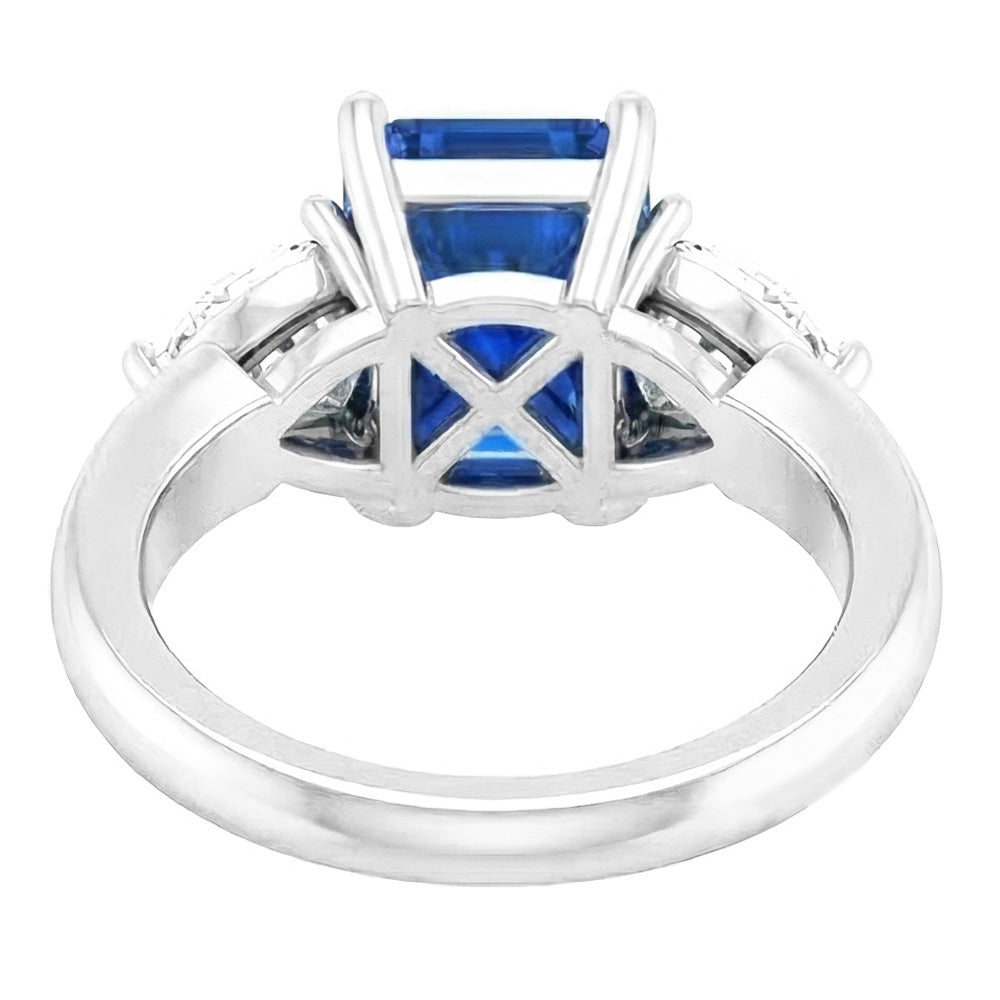 Anello con zaffiro blu radiante a pera con diamante 3 carati a V con gambo diviso 3 pietre