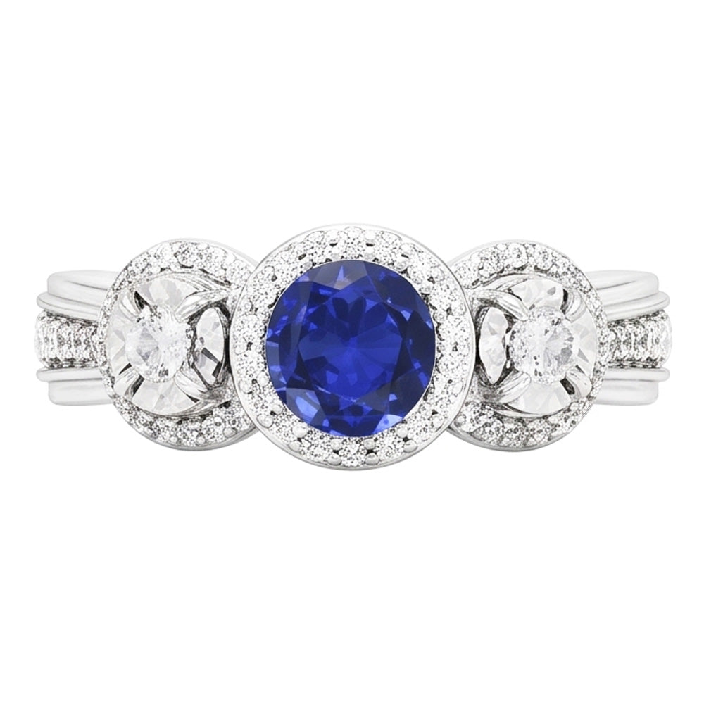 Anello con zaffiro blu rotondo con diamante Halo 5 carati Gioielli da donna