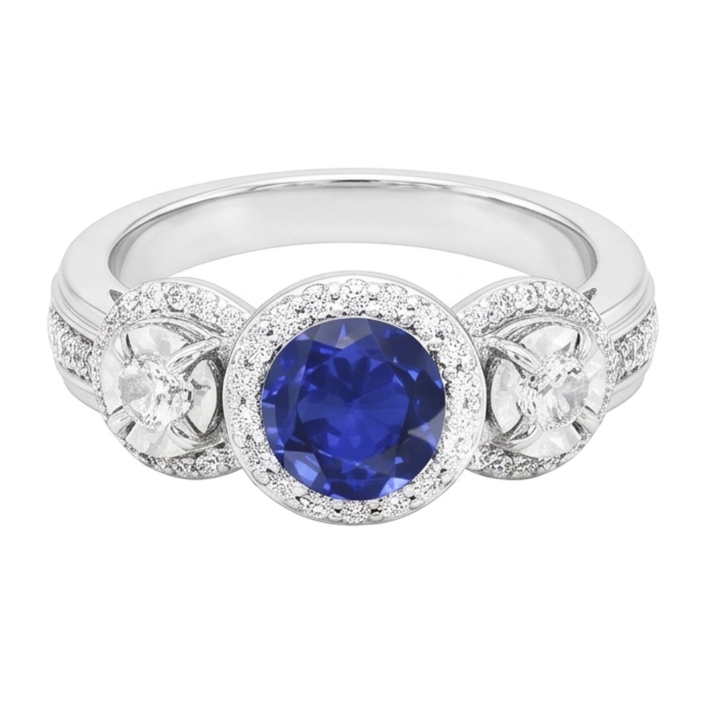 Anello con zaffiro blu rotondo con diamante Halo 5 carati Gioielli da donna