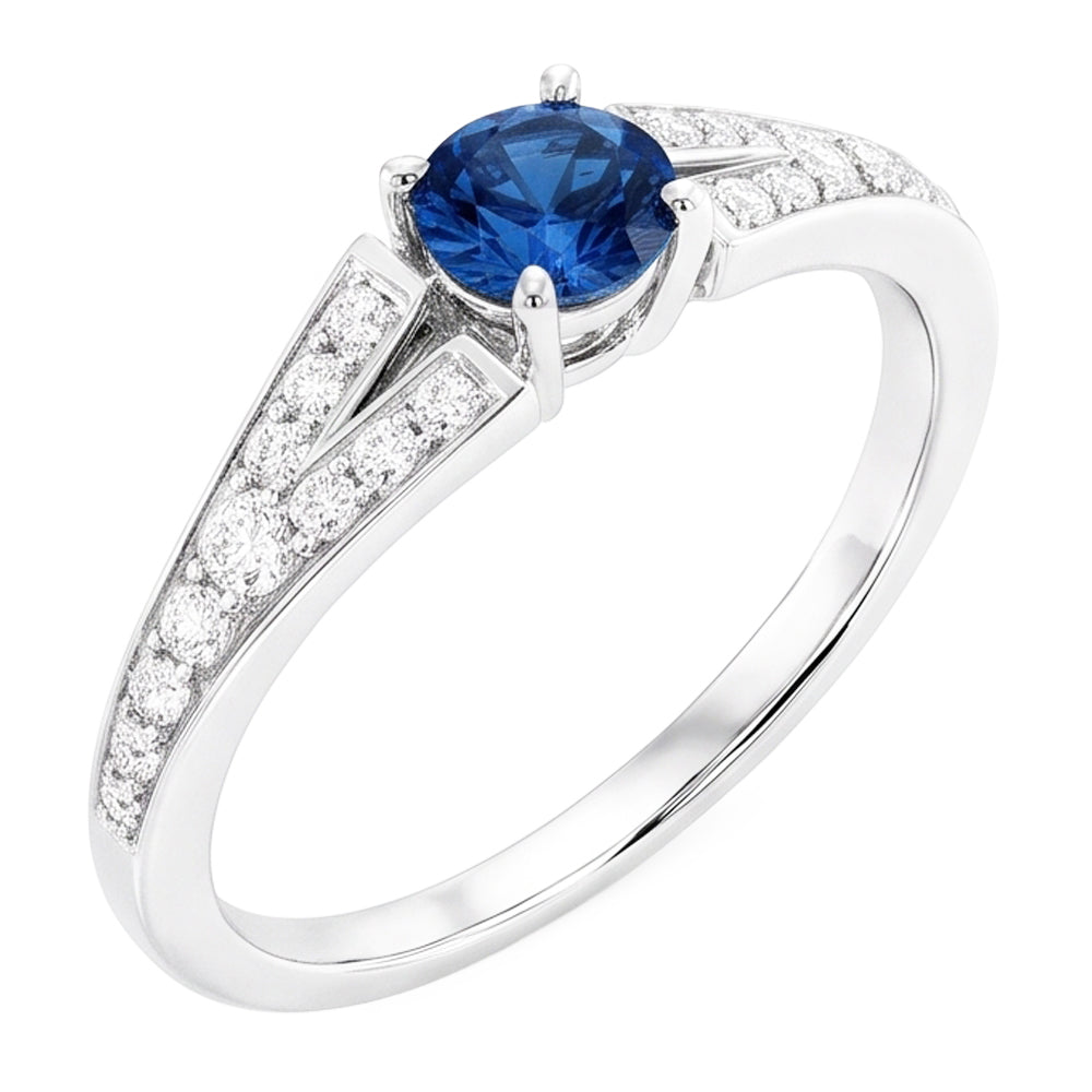 Anello con zaffiro blu rotondo con gambo diviso in oro bianco 14K 1.75 carati