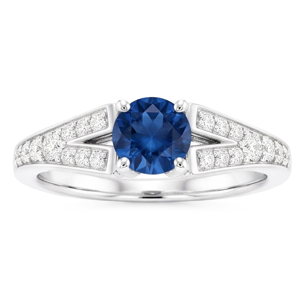 Anello con zaffiro blu rotondo con gambo diviso in oro bianco 14K 1.75 carati