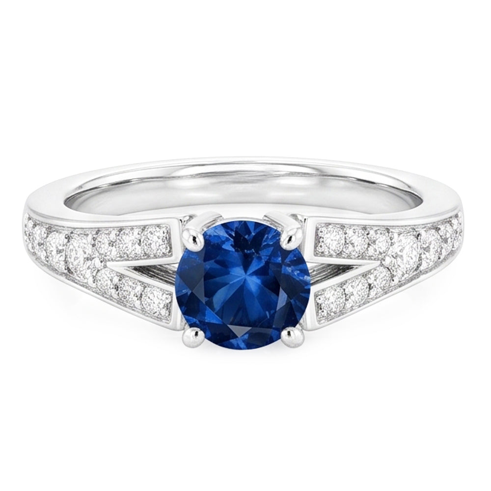 Anello con zaffiro blu rotondo con gambo diviso in oro bianco 14K 1.75 carati