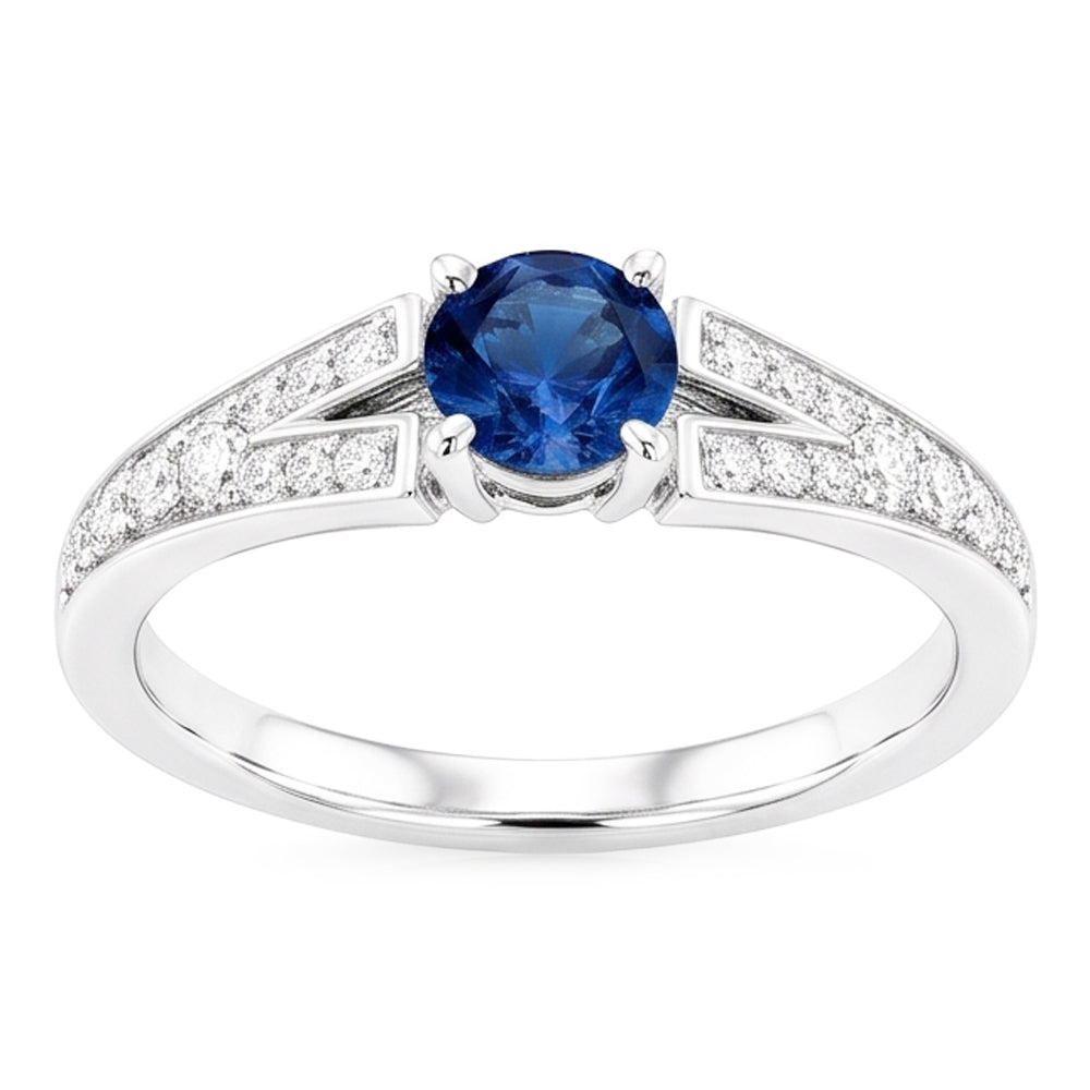 Anello con zaffiro blu rotondo con gambo diviso in oro bianco 14K 1.75 carati