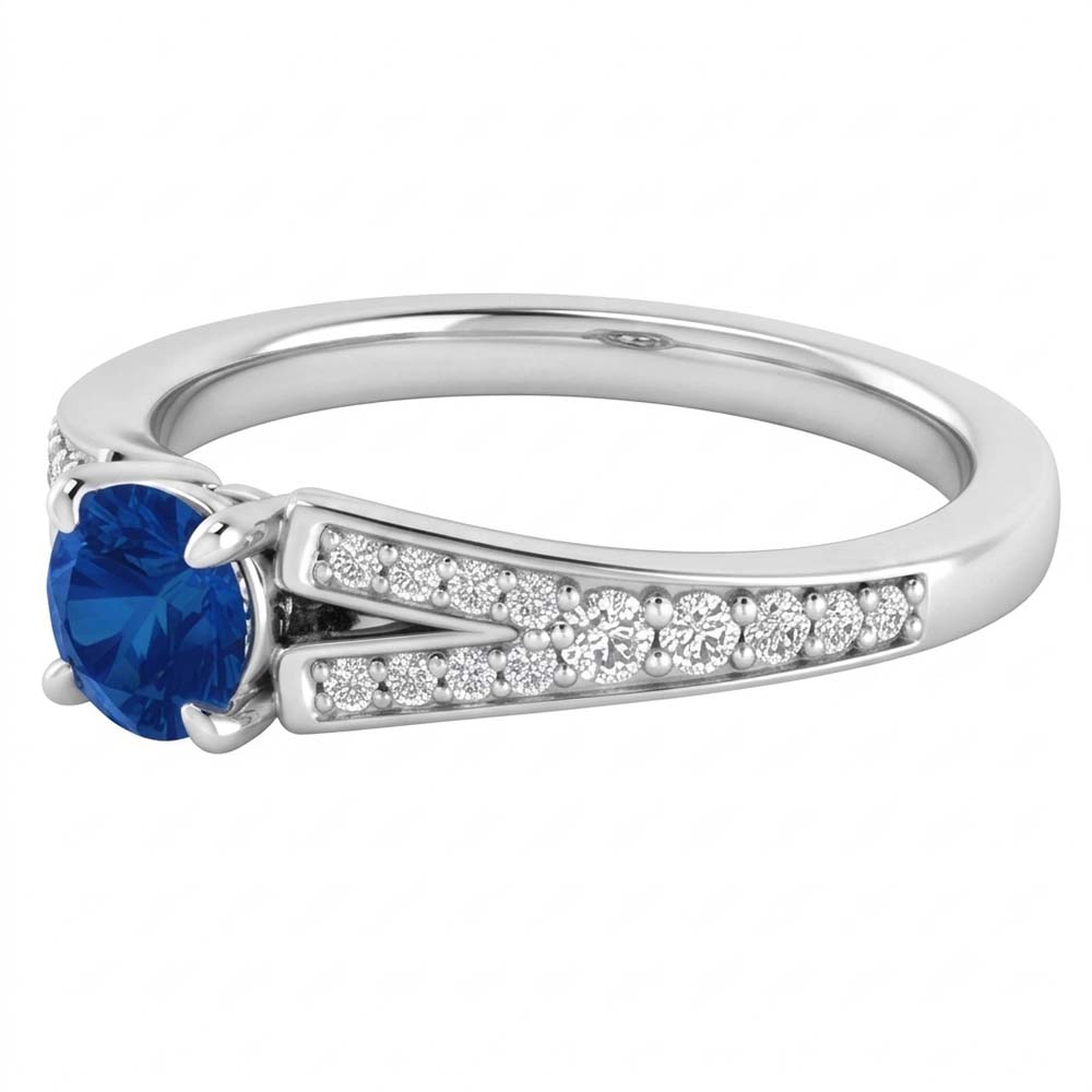 Anello con zaffiro blu rotondo con gambo diviso in oro bianco 14K 1.75 carati