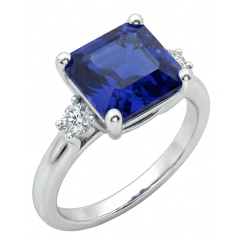 Anello con zaffiro blu rotondo piccolo diamante 3 pietre taglio Asscher 2.75 carati
