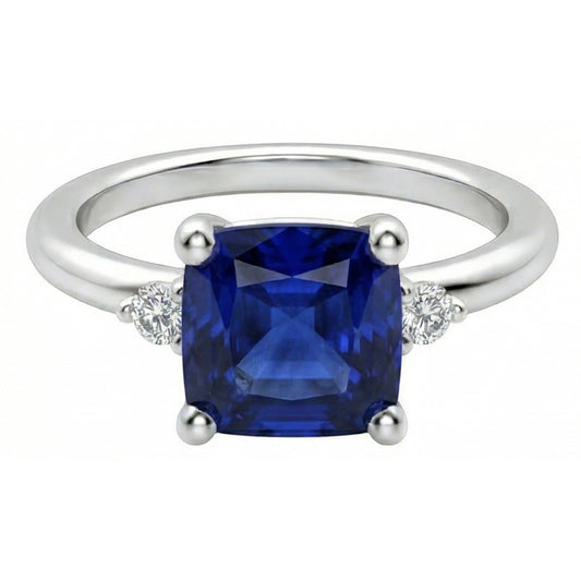 Anello con zaffiro blu rotondo piccolo diamante 3 pietre taglio Asscher 2.75 carati