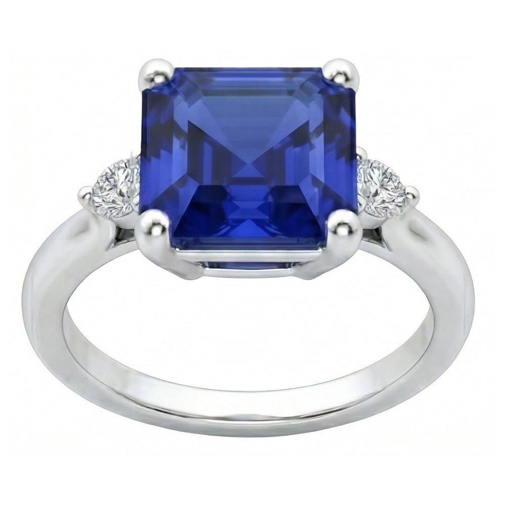 Anello con zaffiro blu rotondo piccolo diamante 3 pietre taglio Asscher 2.75 carati