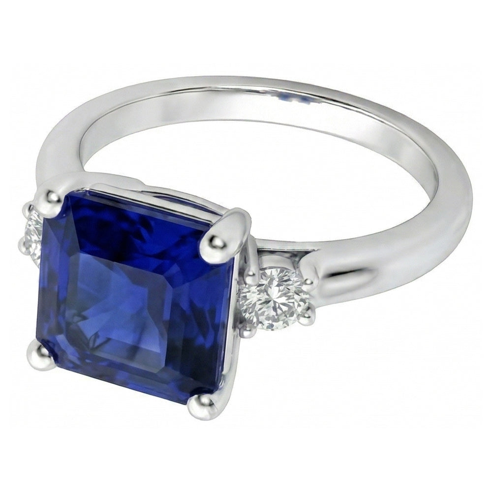 Anello con zaffiro blu rotondo piccolo diamante 3 pietre taglio Asscher 2.75 carati