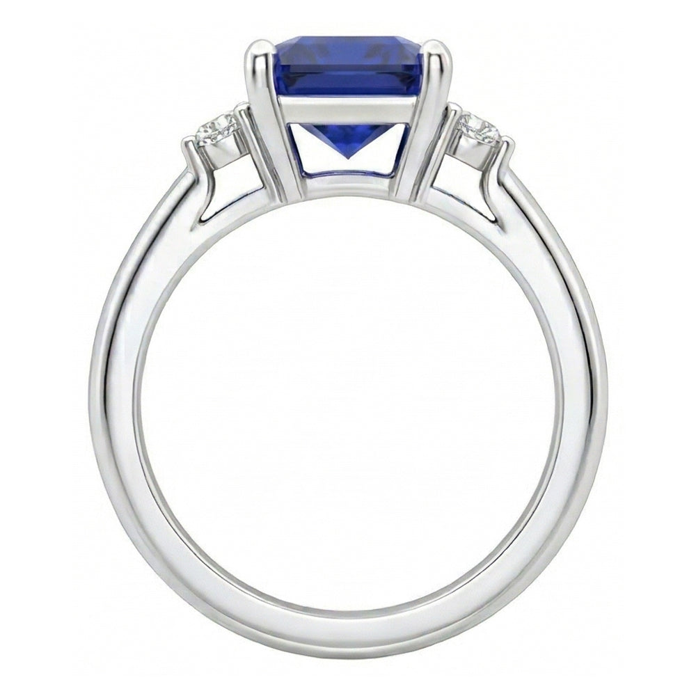 Anello con zaffiro blu rotondo piccolo diamante 3 pietre taglio Asscher 2.75 carati