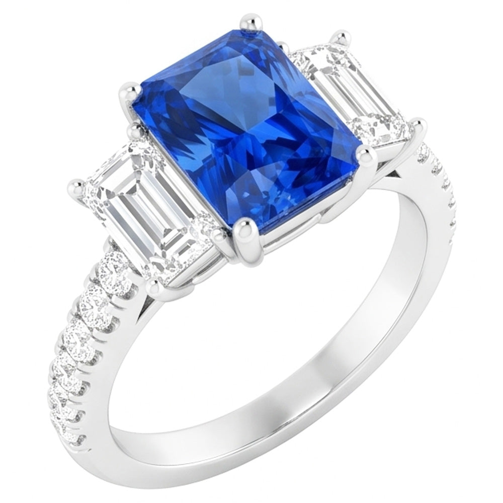 Anello con zaffiro blu scintillante con diamanti 3.50 carati con pietre di smeraldo rotonde