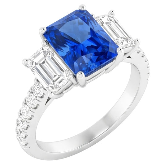 Anello con zaffiro blu scintillante con diamanti 3.50 carati con pietre di smeraldo rotonde