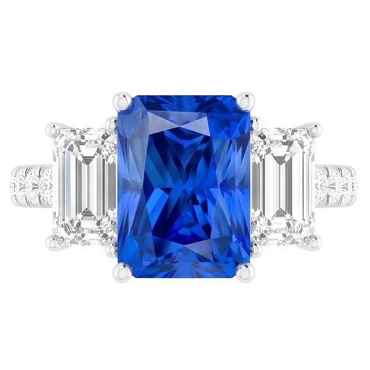 Anello con zaffiro blu scintillante con diamanti 3.50 carati con pietre di smeraldo rotonde