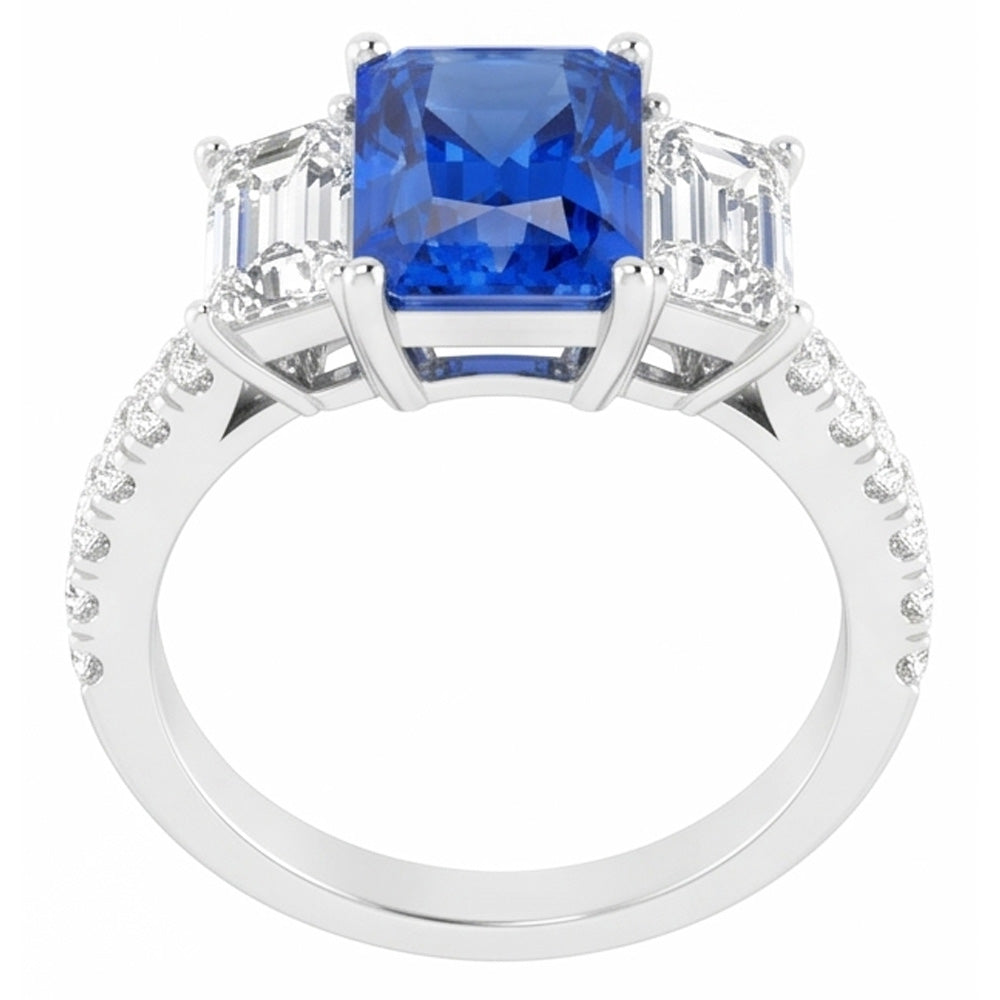 Anello con zaffiro blu scintillante con diamanti 3.50 carati con pietre di smeraldo rotonde