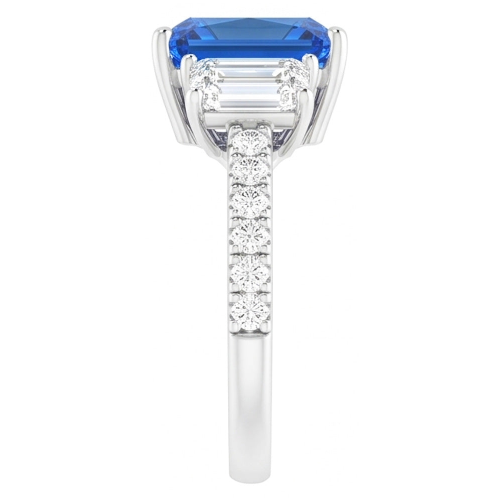 Anello con zaffiro blu scintillante con diamanti 3.50 carati con pietre di smeraldo rotonde