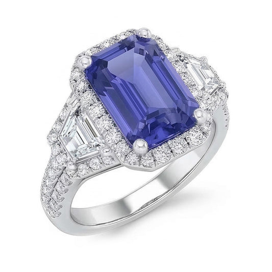 Anello con zaffiro blu smeraldo Halo 4.50 carati trapezoidale e diamanti rotondi