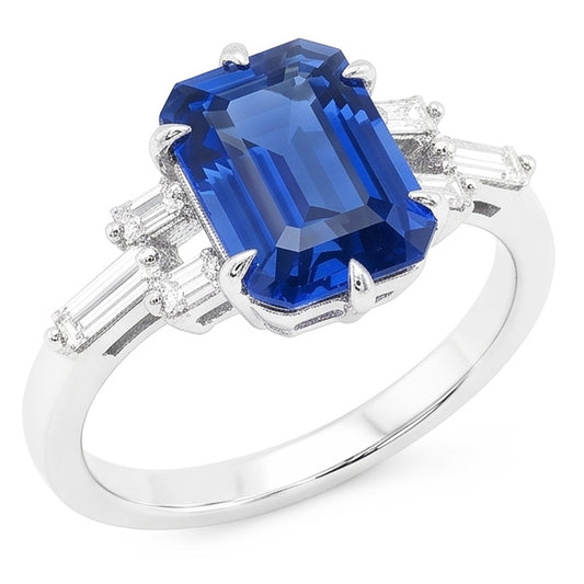Anello con zaffiro blu smeraldo anniversario di diamante baguette da 2.50 carati